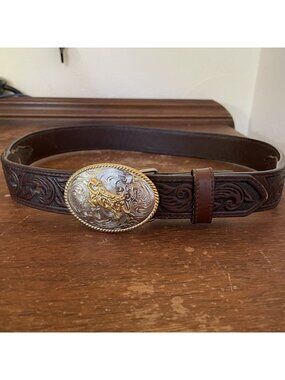 Youth Boys Belt Brown Leather 3D Bull Rider Buckle Silver Gold 26 Inch Western